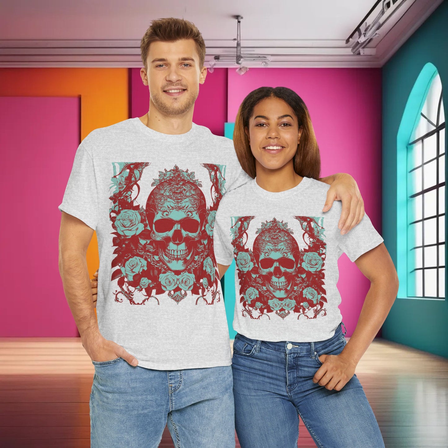 Skulls and Roses Cotton Tee, Unisex Graphic Shirt, 7 color choice