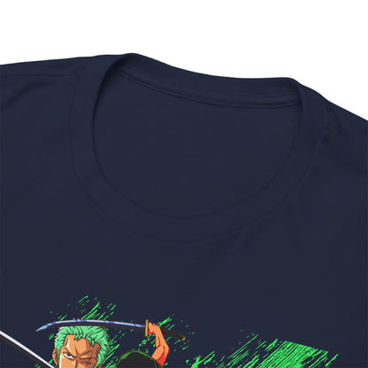 Refined t-shirt in navy blue with an artistic design showcasing anime characters, crafted for those who appreciate quality and unique style in their wardrobe.