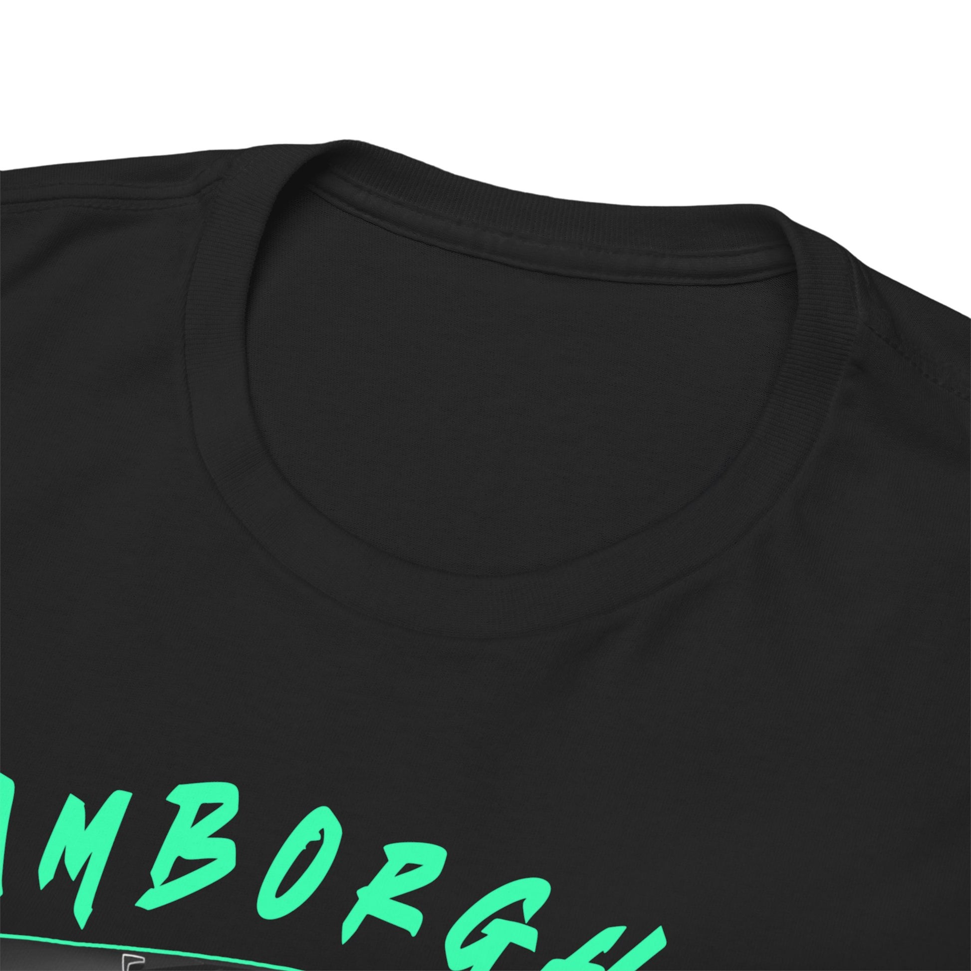 Close-up of the neckline and fabric of a Lamborghini Aventador t-shirt, accentuating the refined quality and vibrant design elements.