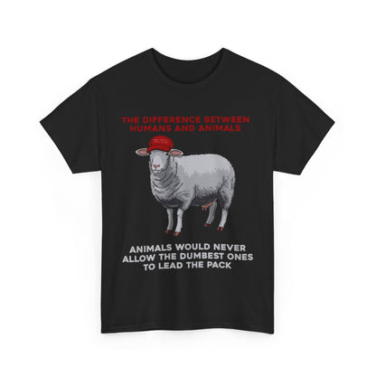 Luxurious black t-shirt featuring a satirical cartoon sheep with a red baseball cap and the phrase 'The difference between humans and animals' printed above, accompanied by a bold statement below.