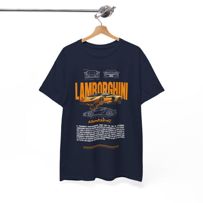 Men's luxury navy blue Lamborghini Aventador graphic t-shirt featuring striking orange typography and automotive sketches, perfect for car enthusiasts.