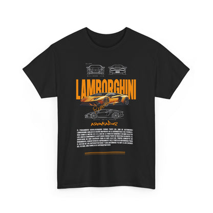 Men's Lamborghini Aventador graphic t-shirt featuring a striking orange and black design with technical sketches of the car, showcasing automotive elegance and superior craftsmanship.