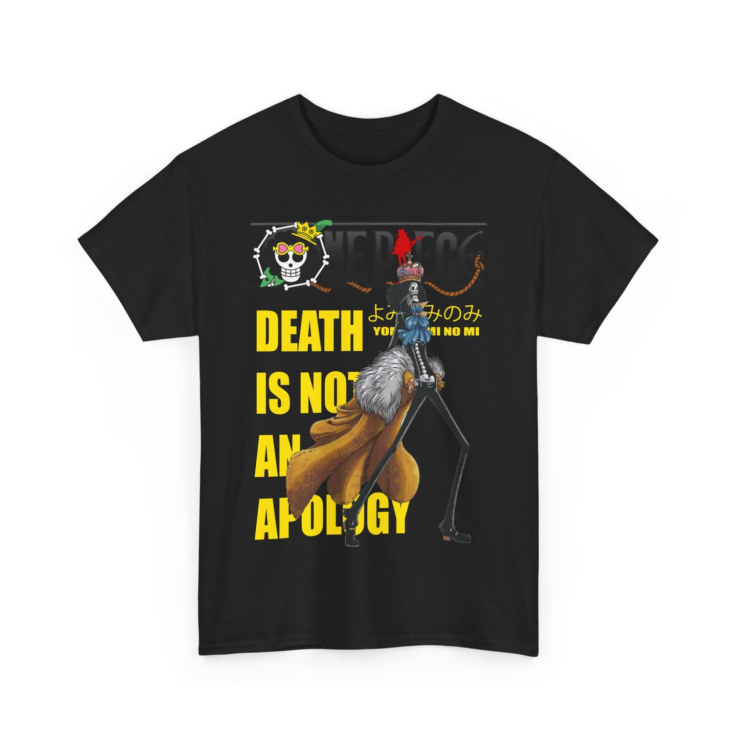 A sophisticated black One Piece graphic t-shirt with an artistic rendering of a character, complemented by bold yellow text, making a statement piece for discerning anime aficionados.