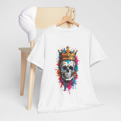 Chic streetwear T-shirt showcasing a detailed golden crown skull artwork, enhanced by colorful abstract paint details, designed for a modern and edgy look.