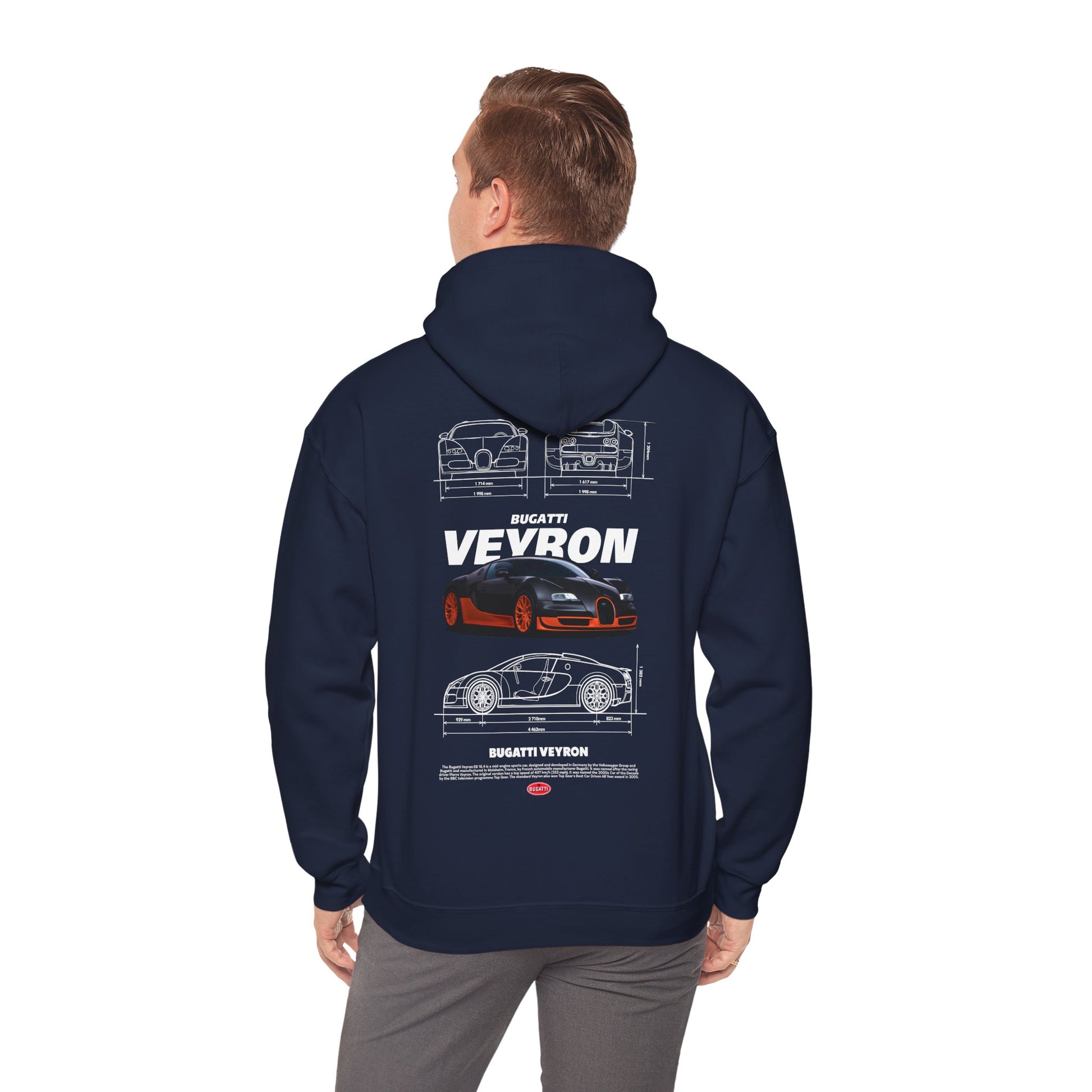Chic man showing off a navy Bugatti Veyron hoodie, designed with a striking print on the back, combining style and comfort.