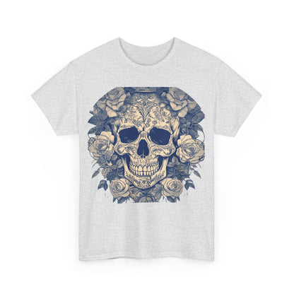 Front view of the Skulls and Roses Cotton Tee in light grey, accentuating the elaborate skull and flower artwork, perfect for a stylish statement.
