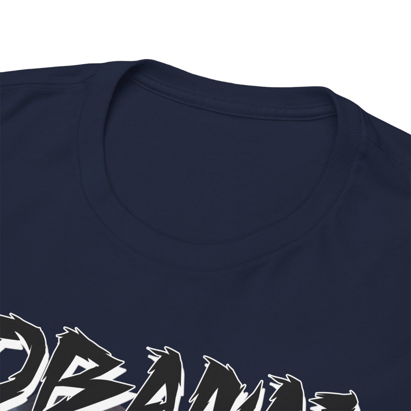 Close-up view of the neckline and fabric of a premium Obanai Iguro T-shirt, highlighting its intricate stitching and superior quality.