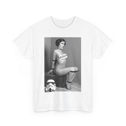 Star Wars Princess Leia Funny Men's Women's Graphic T-Shirt Unisex Cotton in white, showcasing a stylish black and white depiction of Princess Leia symbolizing rebellion with 'Rebel' text, ideal for fashion-forward aficionados.