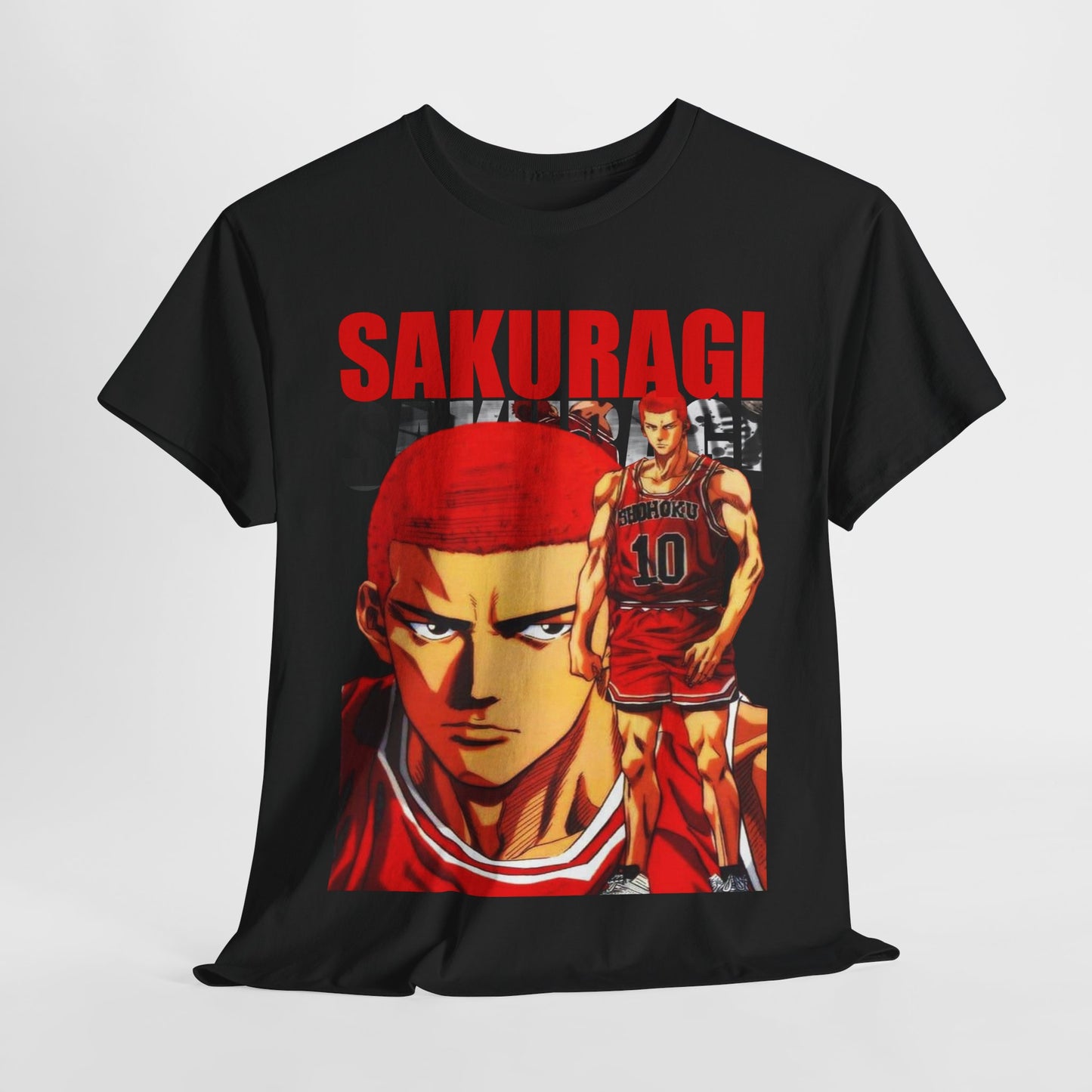 Luxurious black anime t-shirt featuring a dynamic print of Sakuragi from Slam Dunk, showcasing high-quality fabric and vibrant red accents for a bold statement.