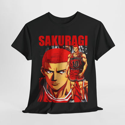 Luxurious black anime t-shirt featuring a dynamic print of Sakuragi from Slam Dunk, showcasing high-quality fabric and vibrant red accents for a bold statement.
