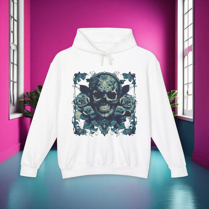 Skull and Roses Lightweight Hoodie displayed in a vibrant interior, featuring an intricate skull and rose pattern for an artistic touch.
