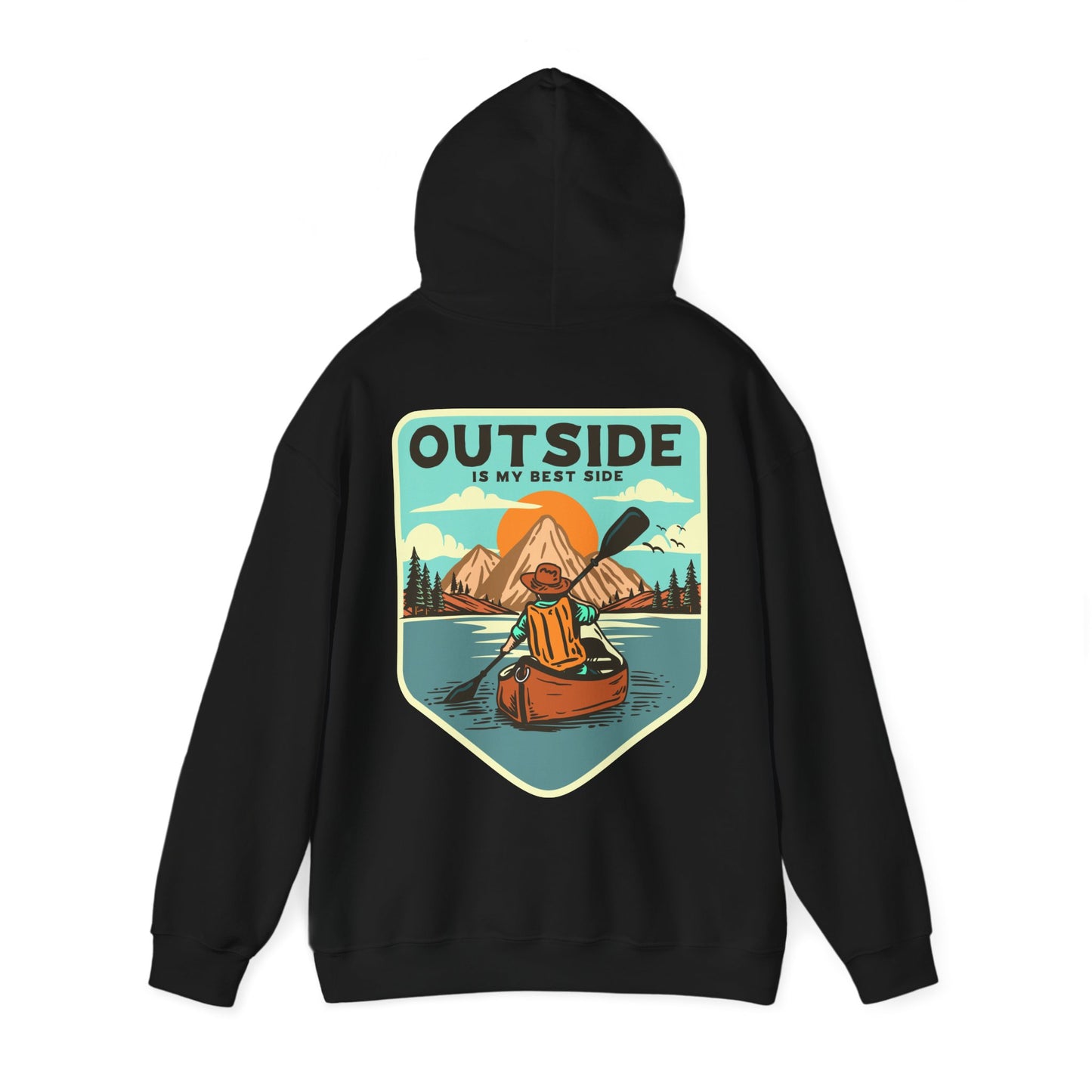 Elegant retro back print hoodie featuring a kayaker amidst majestic mountains and a vibrant sunrise, showcasing the phrase 'OUTSIDE IS MY BEST SIDE'. Perfect for outdoor enthusiasts.
