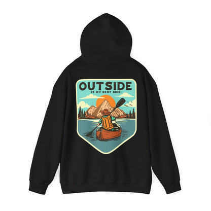 Elegant retro back print hoodie featuring a kayaker amidst majestic mountains and a vibrant sunrise, showcasing the phrase 'OUTSIDE IS MY BEST SIDE'. Perfect for outdoor enthusiasts.