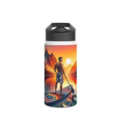 Fantasy Paddleboarding Stainless Steel Water Bottle showcasing a stunning sunset scene with a muscular figure paddleboarding against majestic mountains, embodying adventure and luxury water hydration.