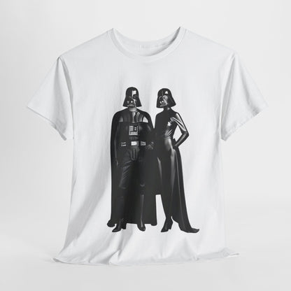 Mr + Mrs Vader Star Wars Unisex Mens Graphic Cotton Funny T Shirt Tee Vintage featuring iconic Sith couple design on a sleek white cotton fabric.