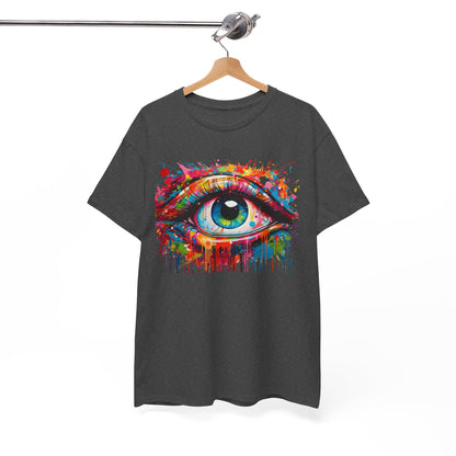 Luxurious Visionary Drip T-Shirt featuring a vibrant, artistic eye design with dynamic splashes of colour, displayed on a wooden hanger.
