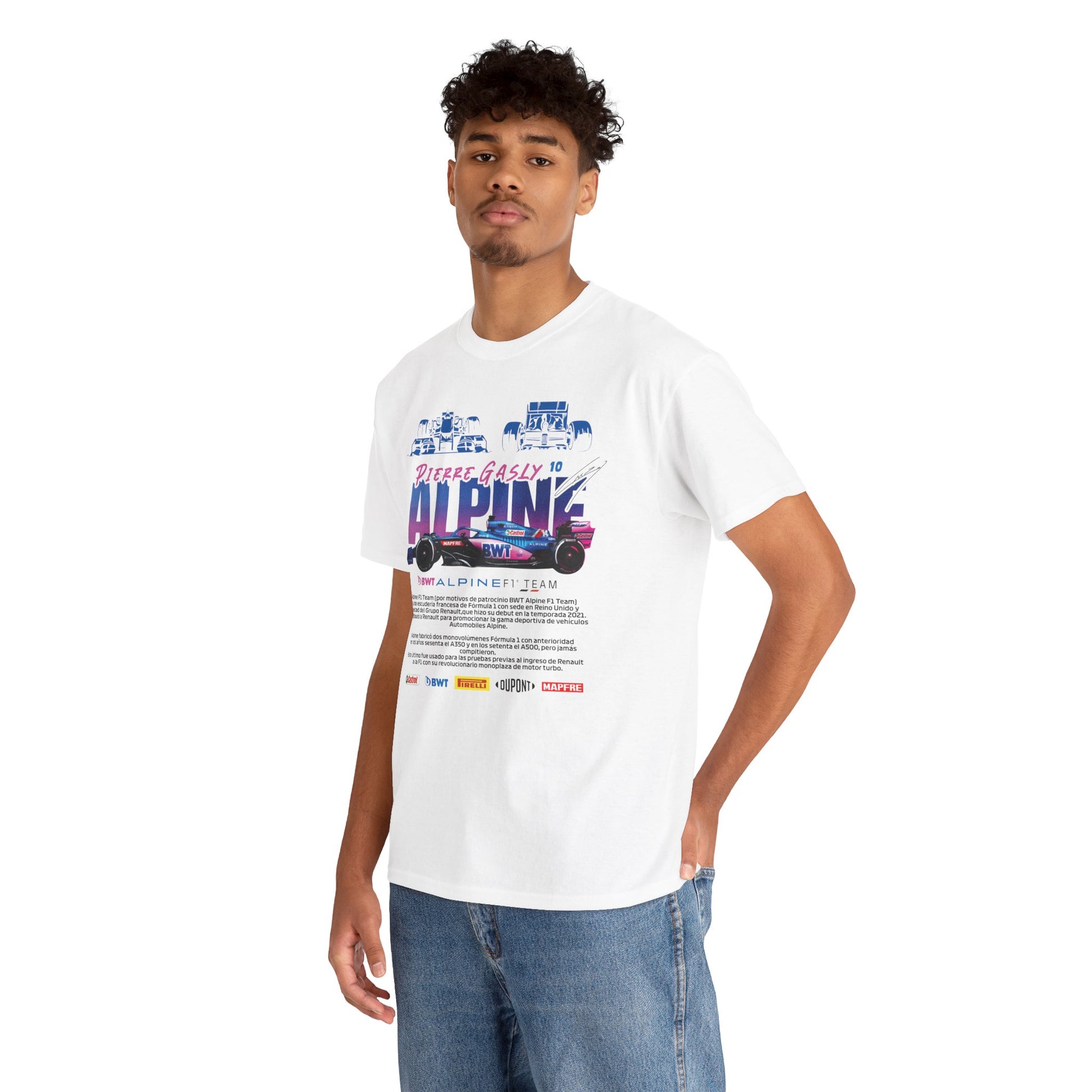 Model showcasing a stylish Alpine F1 Team men's T-shirt in white, adorned with vibrant graphics and branding, embodying a premium racing aesthetic.