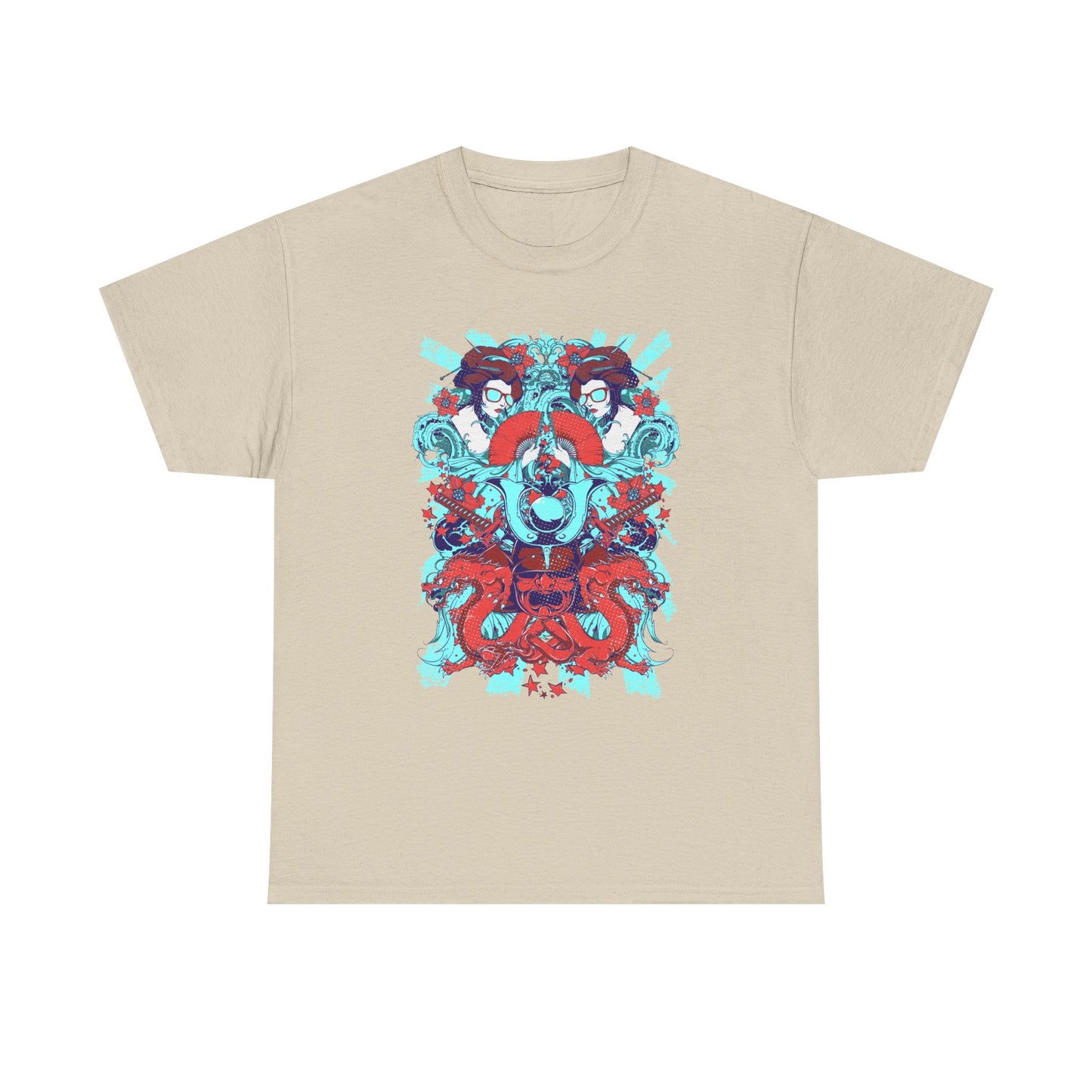 Chic beige men's t-shirt showcasing a rich graphic design inspired by Japanese folklore, including charming geisha figures, powerful dragons, and serene motifs, ideal for elevating any wardrobe.