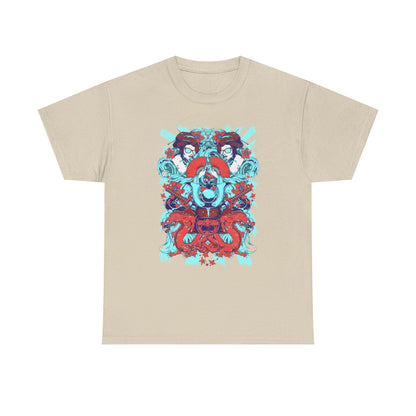 Chic beige men's t-shirt showcasing a rich graphic design inspired by Japanese folklore, including charming geisha figures, powerful dragons, and serene motifs, ideal for elevating any wardrobe.