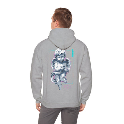 Man dressed in a fashionable grey hoodie showcasing a beautiful cherubic angel graphic on the back, ideal for casual sophistication.