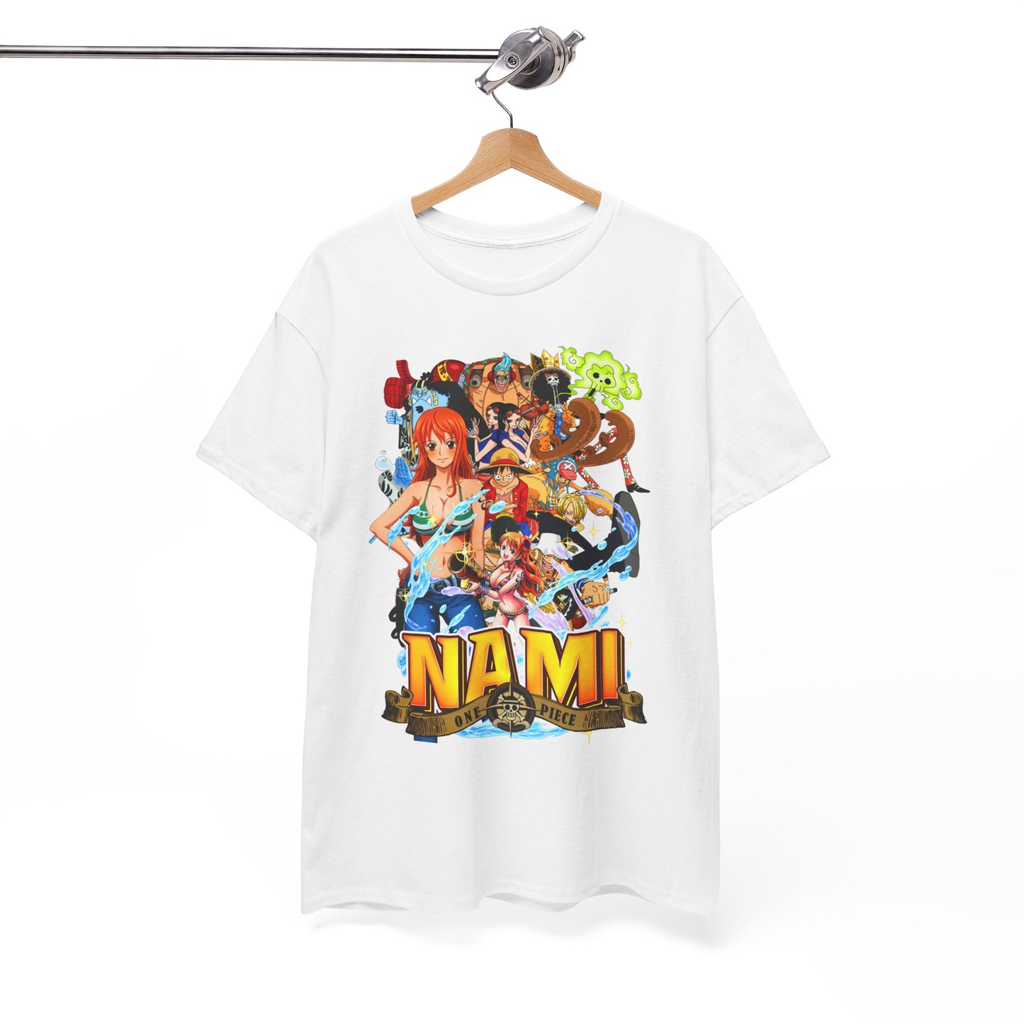 Elegant display of a men's white t-shirt adorned with a striking Nami graphic from One Piece, hanging on a stylish wooden hanger for an upscale look.