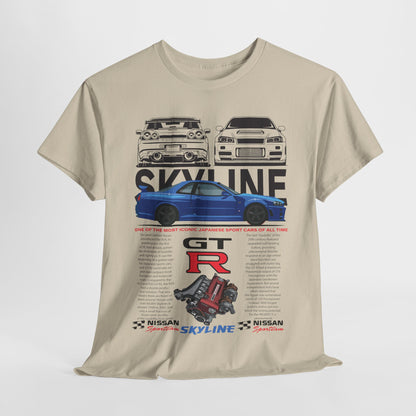 Front view of the Nissan Skyline GT-R T-shirt on a neutral background, showcasing exquisite design and rich colour.