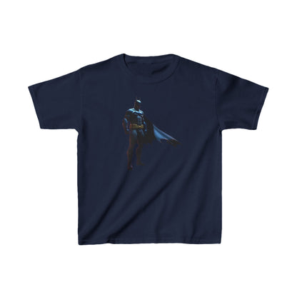 Kids Batman Heavy Cotton T-Shirt in navy featuring a striking Batman design, perfect for stylish superhero adventures in 16 vibrant colours.