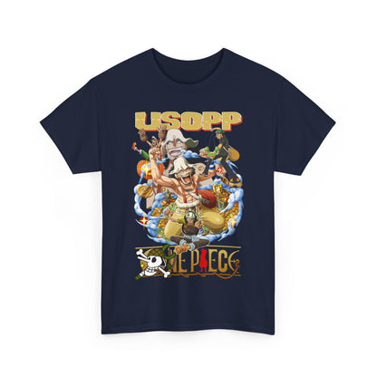 Elegant navy men's t-shirt featuring Usopp and a dynamic design from One Piece, a statement piece for anime aficionados.