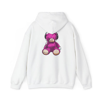 Luxurious distressed purple teddy bear hoodie featuring a whimsical graphic design of a teddy bear with headphones on the back, perfect for unique fashion statements.