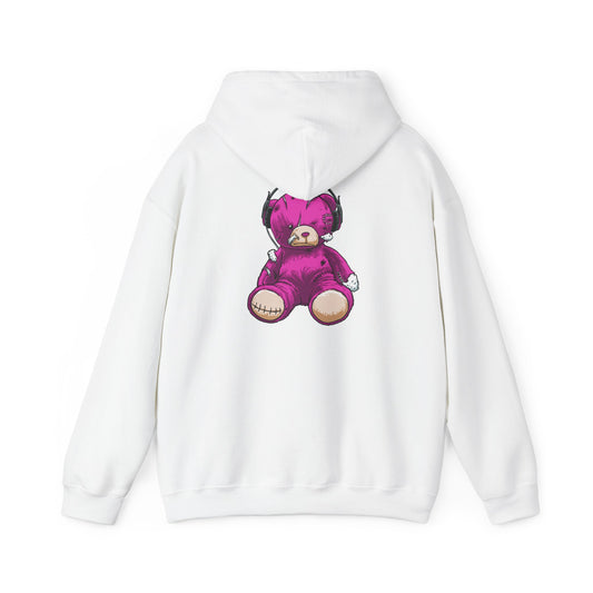 Luxurious distressed purple teddy bear hoodie featuring a whimsical graphic design of a teddy bear with headphones on the back, perfect for unique fashion statements.