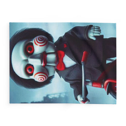 Sophisticated Decorative and Warm Halloween Jigsaw Spooky Arctic Fleece Blanket featuring a striking artwork of a doll, perfect for a plush and cosy Halloween experience.