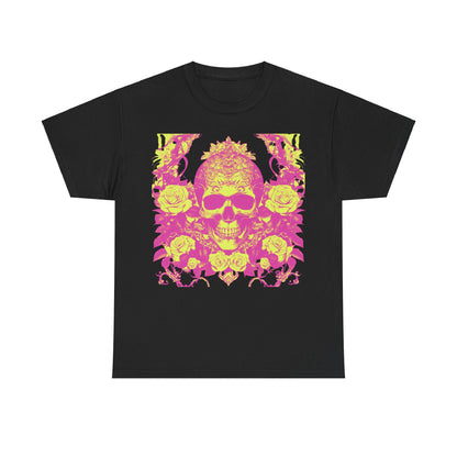 Skulls and Roses Cotton Tee in black, featuring an intricate pink and yellow skull and rose graphic, a luxury unisex graphic shirt perfect for alternative fashion.