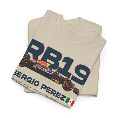 Folded Red Bull RB19 F1 Racing Tee in light beige, displaying the iconic car graphic and Sergio Perez's name, ideal for stylish motorsport fashion.
