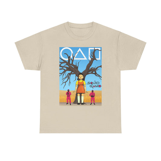 Unisex Squid Game cotton t-shirt elegantly displaying a unique graphic of the show's iconic doll, crafted for comfort and contemporary style.