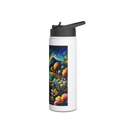 Luxury Fantasy Paddleboarding Stainless Steel Water Bottle featuring vibrant artistic design with flowers and natural scenery, perfect for stylish hydration during paddleboarding adventures.