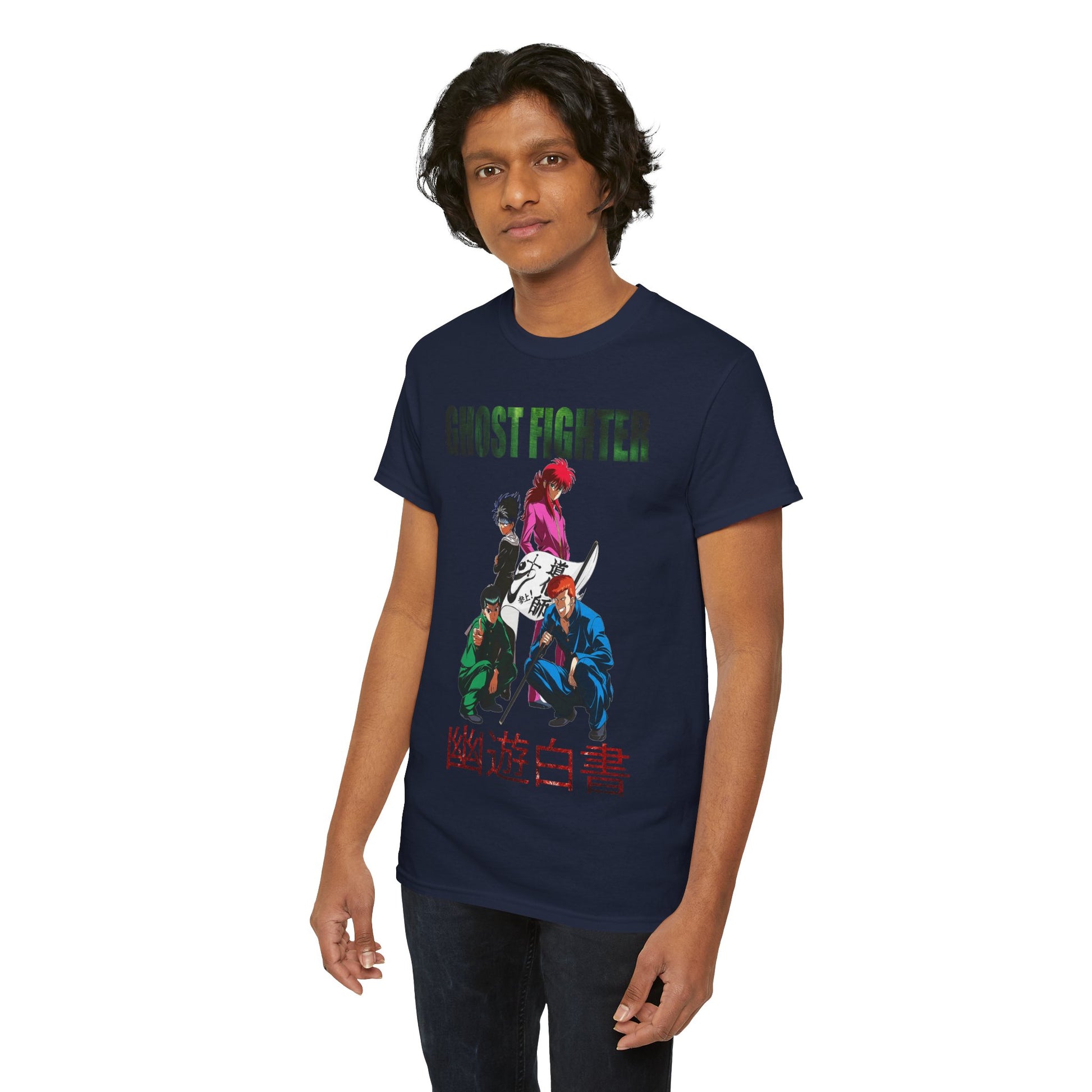 Elegant Ghost Fighter graphic T-shirt displayed on a male model, highlighting iconic anime characters in a striking design, perfect for casual luxury fashion.