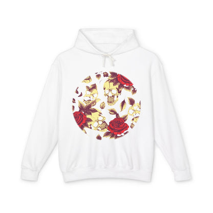 Unisex Lightweight Hooded Sweatshirt featuring a unique designer skull and roses print, front view showcasing the intricate design on a white background.