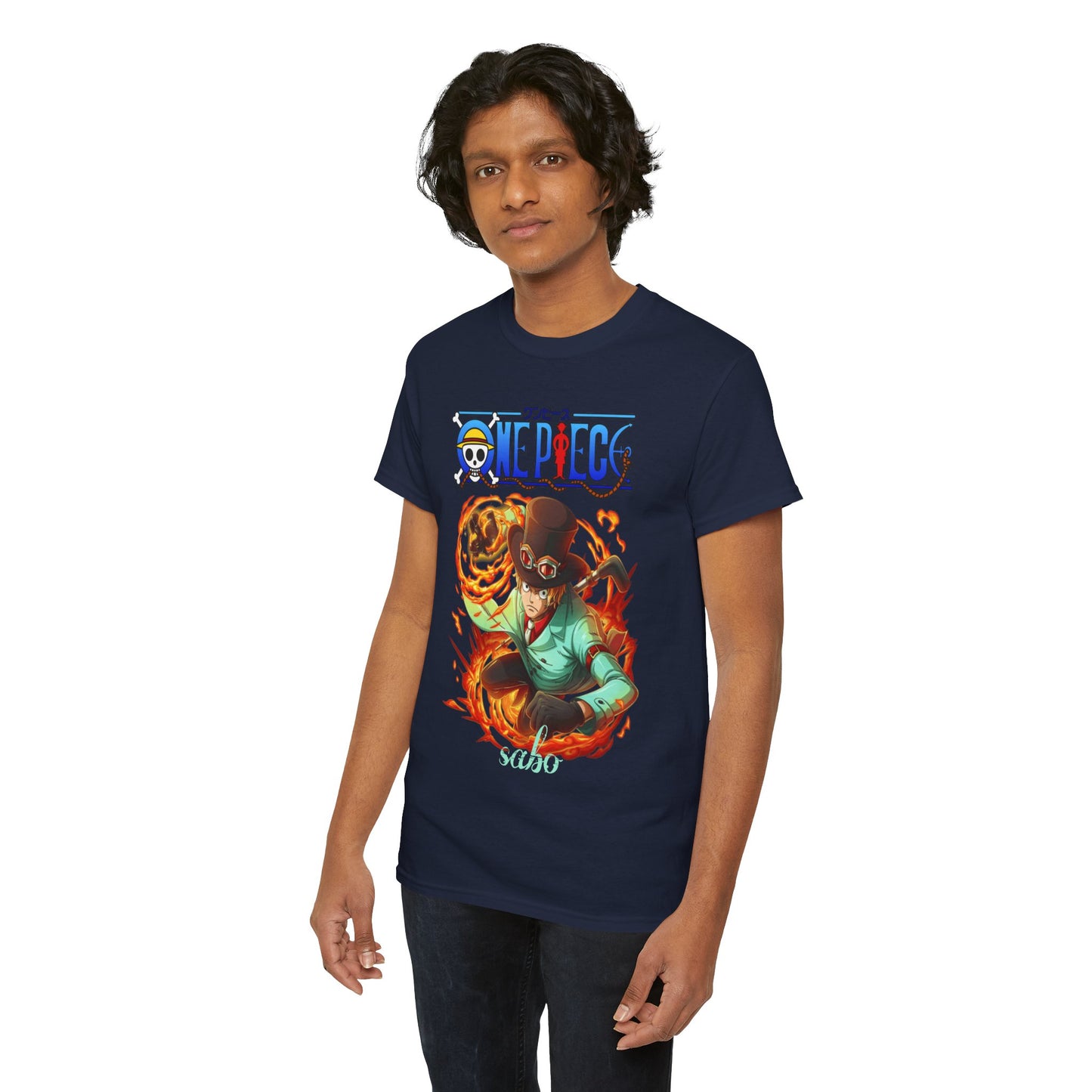 Another model displaying the navy blue Sabo t-shirt, elegantly styled, capturing the dynamic artwork and fiery energy of the beloved One Piece character.