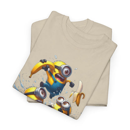 Two Mens Funny T-Shirts: Minions Banana Splash - Yellow Despicable Me tees stacked on top of each other, showcasing the amusing Minions design, perfect for adding some fun to your wardrobe.
