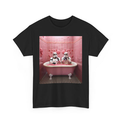 A sophisticated black t-shirt featuring a vibrant graphic of Stormtroopers in a playful bubble bath scene, set within an inviting pink tiled bathroom, combining whimsy with style.