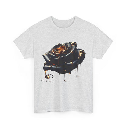 Front view of Close-Up Abstract Rose Unisex Cotton Tee Graphic T Shirt in grey, highlighting the artistic black rose illustration with vivid copper accents.