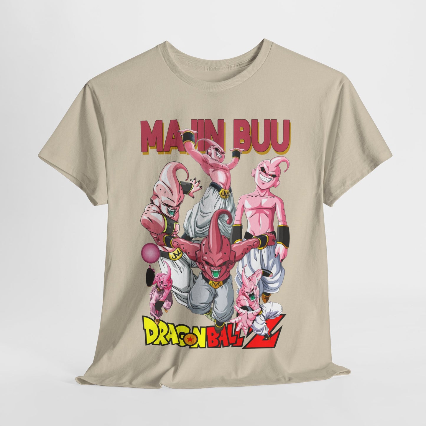 High-quality Majin Buu T-shirt displayed prominently, featuring an eye-catching anime design with vivid character illustrations and bold branding, suitable for stylish casual wear.