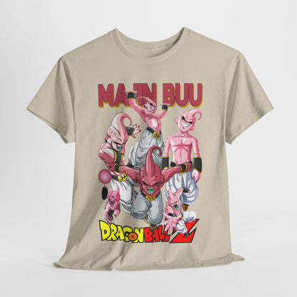 High-quality Majin Buu T-shirt displayed prominently, featuring an eye-catching anime design with vivid character illustrations and bold branding, suitable for stylish casual wear.