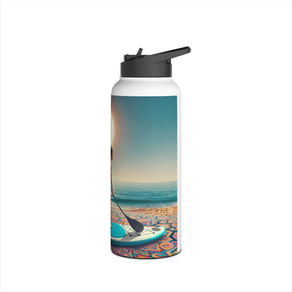 Chic Fantasy Paddleboarding Stainless Steel Water Bottle adorned with artistic paddleboarding imagery, set against a tranquil beach environment, perfect for luxury hydration on adventures.