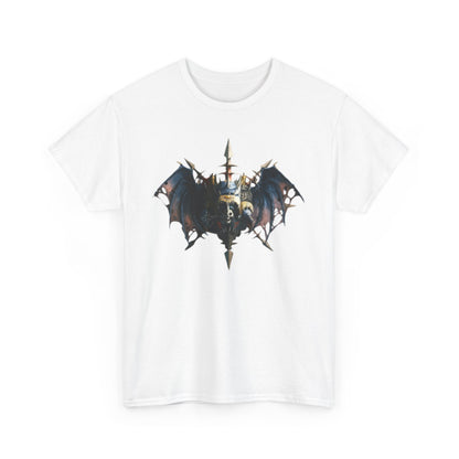 Elegant white t-shirt featuring a bold, intricate graphic design of a mythical warlord with gothic wings and a spear, perfect for fantasy enthusiasts.