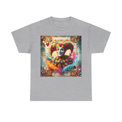 Harlequin Playing Card Graphic Tee in heather grey, featuring an artistic jester graphic that embodies modern sophistication and playful charm.