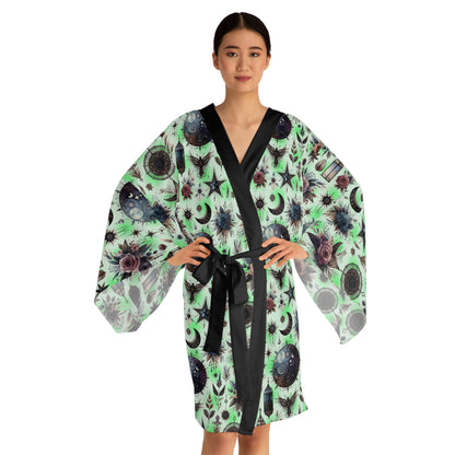 Floral Kimono Robe with a stunning mint green floral design and contrasting black tie, perfect for elegant lounging and designer bathrobe appeal.