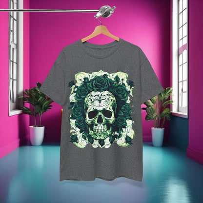 The Skulls and Roses Cotton Tee displayed in a vibrant interior setting, highlighting the striking skull and rose graphics in a fashionable context.