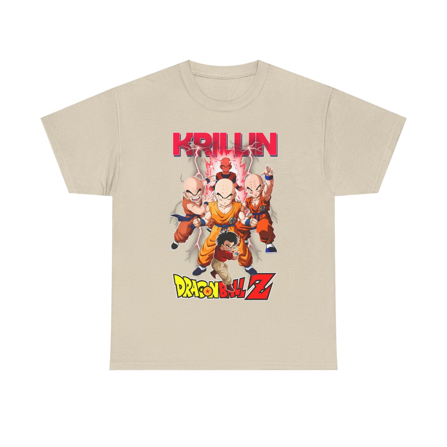 Luxurious Dragon Ball Z T-shirt featuring Krillin and Z Fighters in a dynamic graphic design, exuding anime elegance. Soft beige fabric enhances this stylish statement piece.