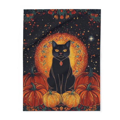Luxury Decorative and Warm Halloween Spooky Arctic Fleece Blanket featuring an elegant black cat silhouette amidst vibrant autumn pumpkins, perfect for adding a touch of seasonal charm to your home decor.